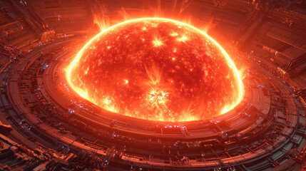 Dynamic plasma flows and fusion reactions within the solar core encapsulating a futuristic computer circuit board at its center, showcasing thermodynamic convection currents