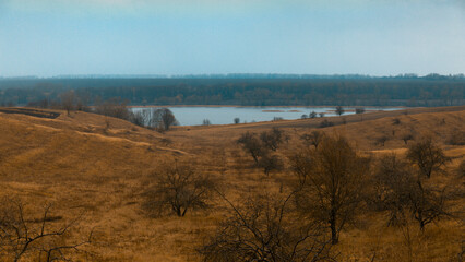 A peaceful and cinematic autumn landscape captured on an overcast day.