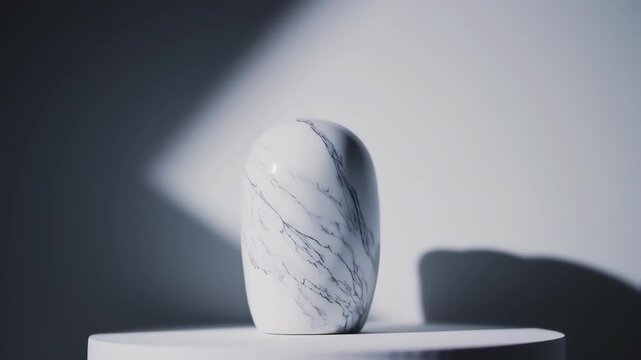 A white, marble-patterned object rests on a white pedestal, lit by a directional light source