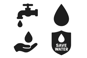 Water conservation solid icon set with water tap, dripping drop, hand catching water drop, and save water shield symbol in vector cartoon style transparent background ordered set