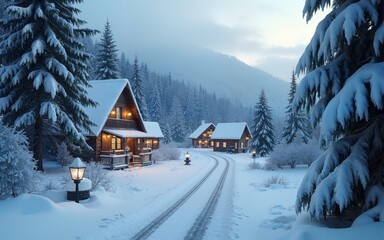 Fototapeta premium Idyllic snow-cloaked village whispers of Nordic Yule legends, nestled amidst frosted evergreens, evoking winter solstice enchantment. High quality