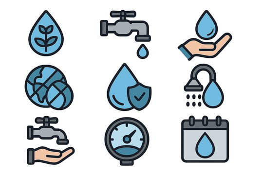 Water conservation filled icon set, save water resources with stylish water drop, faucet, hand holding water, water globe, water safety, water meter, shower, and calendar vector cartoon illustration