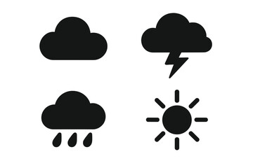 Weather silhouette icon set with cloud, storm, rain, and sunshine symbols in bold vector style, cartoon illustration with transparent background, ordered 4-piece set for design