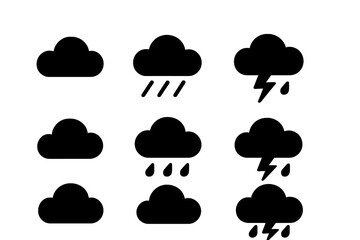 Weather silhouette icon set featuring clouds, rain, storm symbols. Vector cartoon illustration with transparent background. Ordered collection of weather forecast icons for design.