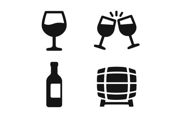 Solid wine and beverage icon set including drink glass, cheers clinking glasses, wine bottle, and barrel illustrations, vector cartoon style with transparent background, ordered set 3