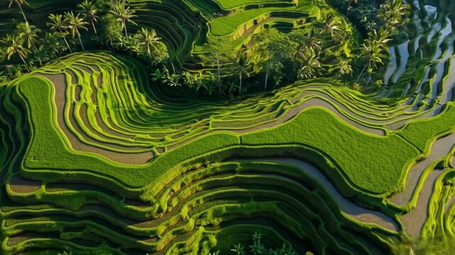 Aerial view of verdant rice terraces carved into a hillside interspersed with palm trees and waterfilled steps