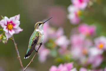 Fototapeta premium Hummingbird on a Branch Spring Blossoms Wildlife Nature Portrait