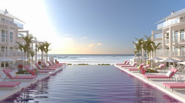 Luxury pink oceanfront terrace with palms, infinity pool, designer lounge chairs and glowing fire bowl. Romantic glamorous coastal resort in soft rose tones.
