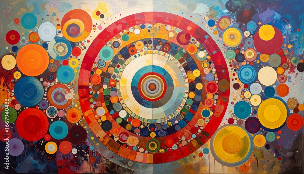 Poster a vibrant, circular rainbow mandala design with a spiral pattern and colorful texture