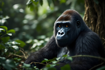 Obraz premium Majestic Gorilla Portrait in Lush Green Rainforest Environment