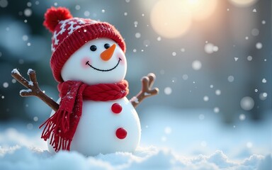 Festive snowman in red hat and scarf enjoying the winter wonderland. High quality