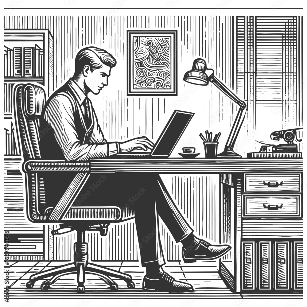 Poster man in a suit using a laptop at his office desk with lamp and books sketch engraving generative ai f