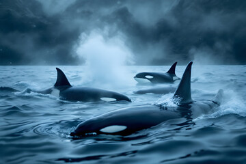 Orca Pod Swimming Mysterious Ocean Killer Whale Powerful Sea Creature