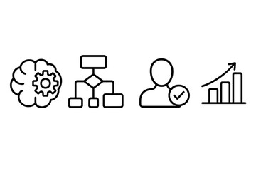 Adaptive learning icon set. Outline icons of brain process, algorithm flowchart, personalized user profile, and growth chart. E-learning, AI, and education technology concept vector.