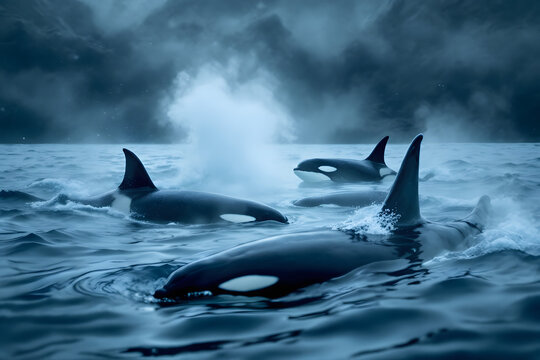 Orca Pod Swimming Mysterious Ocean Killer Whale Powerful Sea Creature - Powered by Adobe