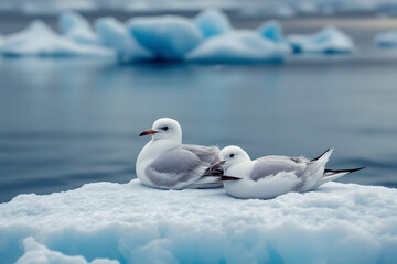 Obraz premium Resting Antarctic Birds Seabirds on Blue Ice Ocean Reflection Calm