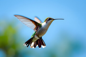 Ruby Throated Hummingbird Hovering in the Blue Sky of Summer