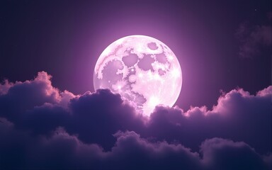 night sky and astronomy on violet or purple background concept from full moon behind the cloud during watch spectacular winter solstice event in december of 2018. High quality