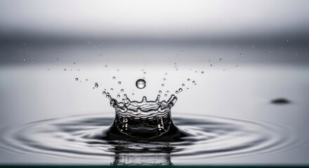 Close up of a water drop splashing into a calm surface creating a crown shape.