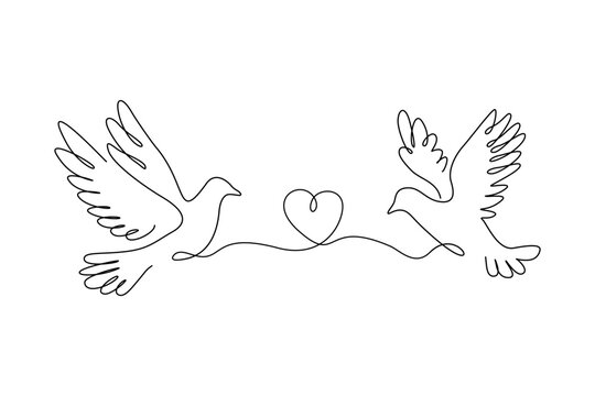 two doves with heart line drawing