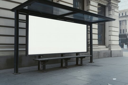 Blank white billboard at urban bus stop with minimalist design, clean space, and seating area