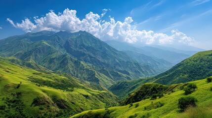 Fototapeta premium Panoramic View Of Lush Green Mountain Valley Under Sunny Sky