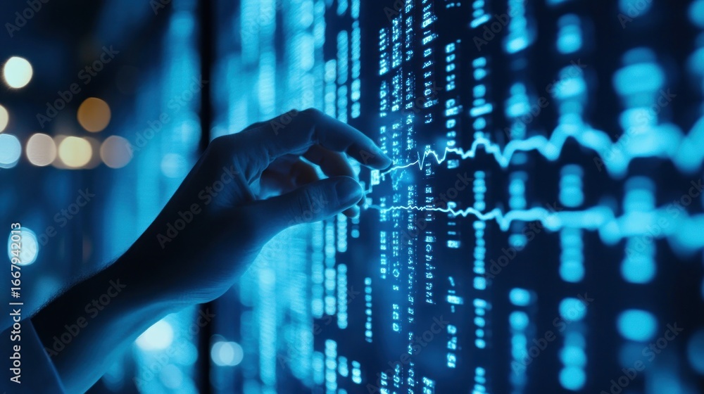 Poster a hand interacts with a large screen displaying complex data and financial graphs, creating a dynami