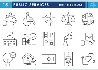 Public services related icons set. Public, transport, law, government, park, water tap, and so on. Vector editable stroke.