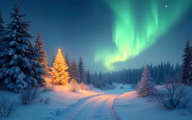 Golden northern lights winter solstice, snow covered winter landscape, Merry Christmas and happy new year greeting card background. High quality