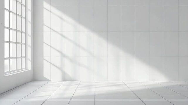 Bright empty room with large window casting soft shadows white tiled floor and wall creating calm spacious atmosphere filled with natural light bright empty white room with tiled floor and wall