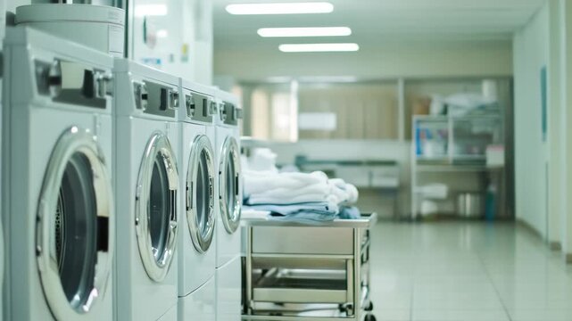 Laundry machine washing machine folded clothes laundry cart clean towels laundry room washing cleaning household appliance modern interior fabric care organized white stack equipment bright tiled