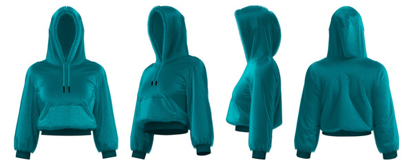 Realistic 3D turquoise cropped hoodie design created with software