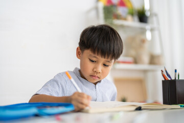 Asian boy studying with pencil at home smiling writing with notebook and school supplies, online...