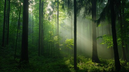 Mysterious sunlight breaking through trees enchanted forest nature photography serene environment low angle view tranquility and wonder