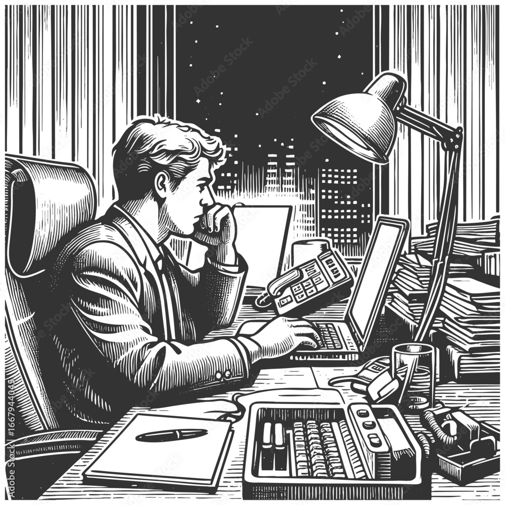 Poster businessman in a suit using a laptop at his office desk with city view sketch engraving generative a