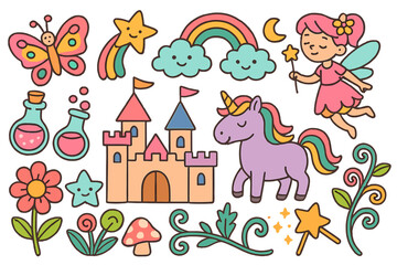 Cute cartoon fantasy icon set with unicorn, fairy, and magic castle. Whimsical collection of doodle elements like rainbow, butterfly, stars, and potions for kids. Vector pack.