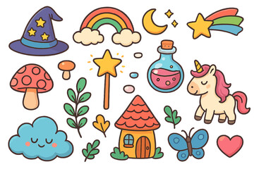 Obraz premium Cute fantasy icon set with unicorn, magic wand, potion, rainbow, wizard hat. Whimsical fairytale collection for kids. Cartoon doodle sticker pack. Vector illustration elements.