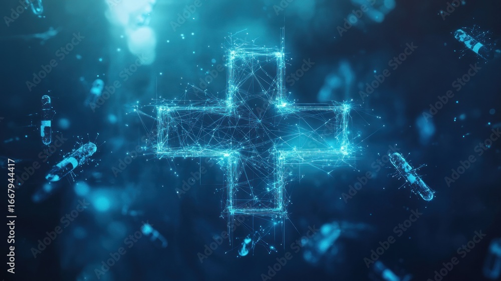 Poster abstract digital health network with glowing cross and microscopic capsules