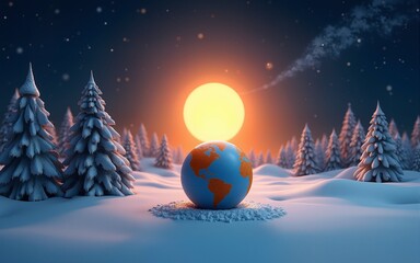 An 3D illustration showing the position of the Earth relative to the Sun during the winter solstice. Template for background, banner, card, poster with text inscription 21 December Winter Solstice.