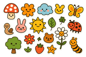 Cute kawaii sticker set. Collection of cartoon nature characters and symbols. Vector illustration for kids. Smiley animal, flower, sun, cloud, mushroom, butterfly, ladybug icons.