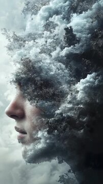 A woman 's head with clouds in the background