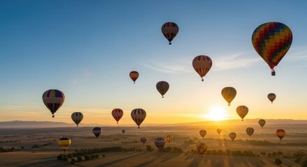 Obraz premium Colorful Hot Air Balloons at Sunrise over a Vast Landscape.