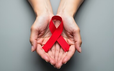 World AIDS Day. Holding hands with Red ribbon over grey background. High quality