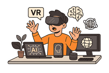 Man in VR glasses explores metaverse. Artificial intelligence concept. Future technology. Person at computer desk works in virtual reality. Digital world simulation. Innovation.