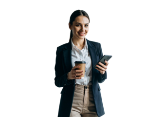 Professional Woman Holding Coffee and Smartphone, Transparent Background .