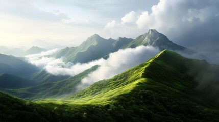 Fototapeta premium Breathtaking mountain range nature landscape cloudy skies lush green hills aerial view serenity and adventure