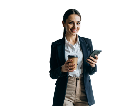 Professional Woman Holding Coffee and Smartphone, Transparent Background .