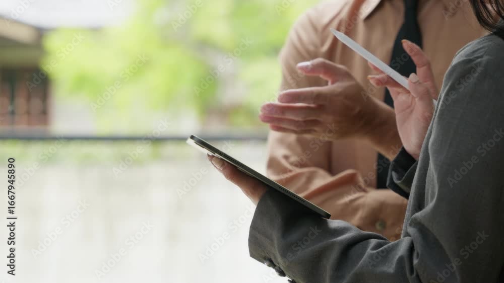 Poster two business professionals collaborating on a digital tablet in a modern office setting, emphasizing