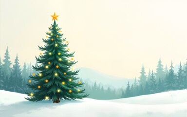 Naklejka premium A painted landscape of a Christmas tree on a light background with empty space for advertising. Concept for celebrating Christmas, New Year. High quality