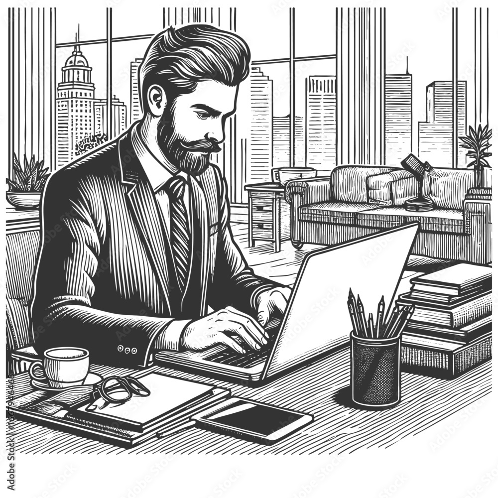 Poster businessman in a suit using a laptop at his office desk with city view sketch engraving generative a